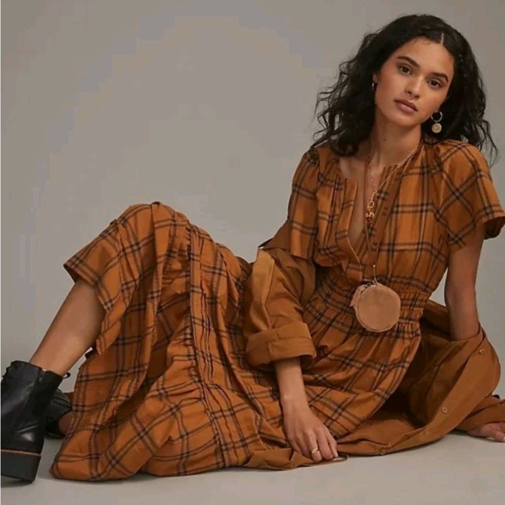 Anthropologie Brown and Black Plaid Maxi Boho Dress size Medium